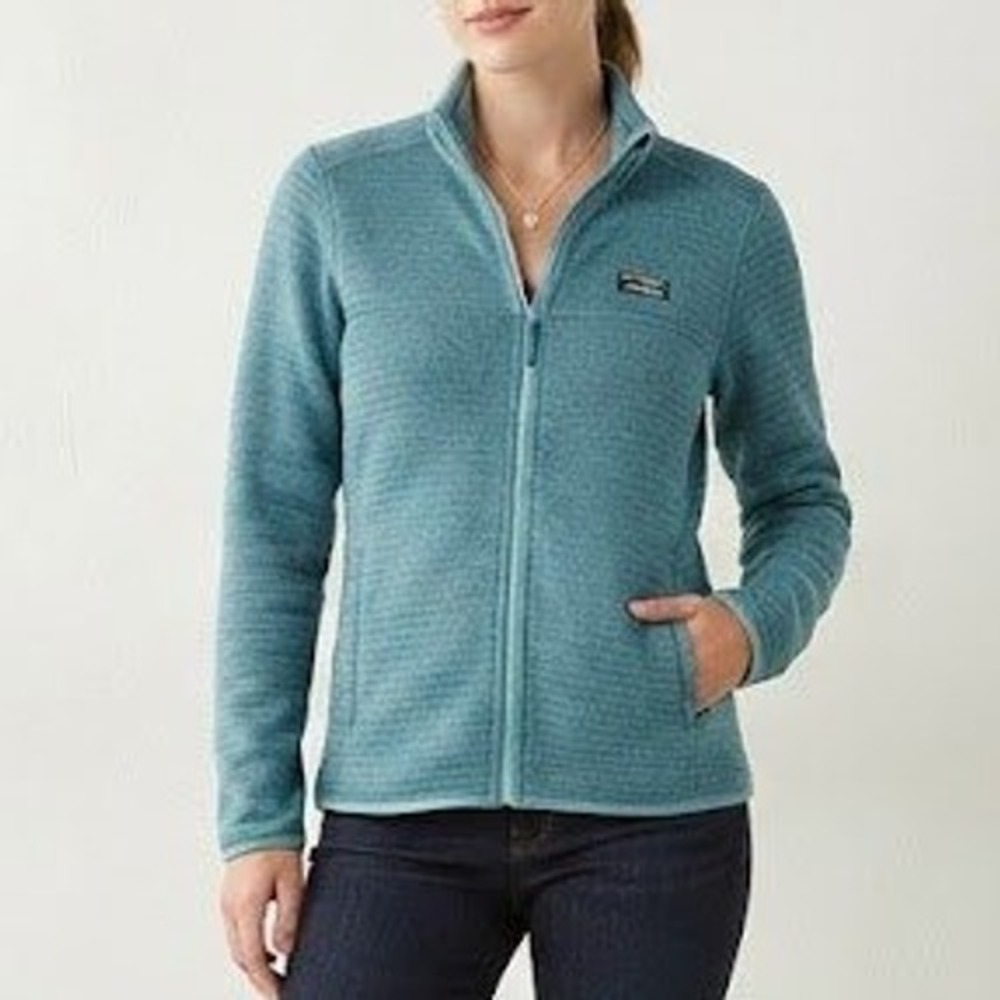 LL Bean AirLight Knit Full Zip Jacket Womens M Blue Green Textured Mock Neck